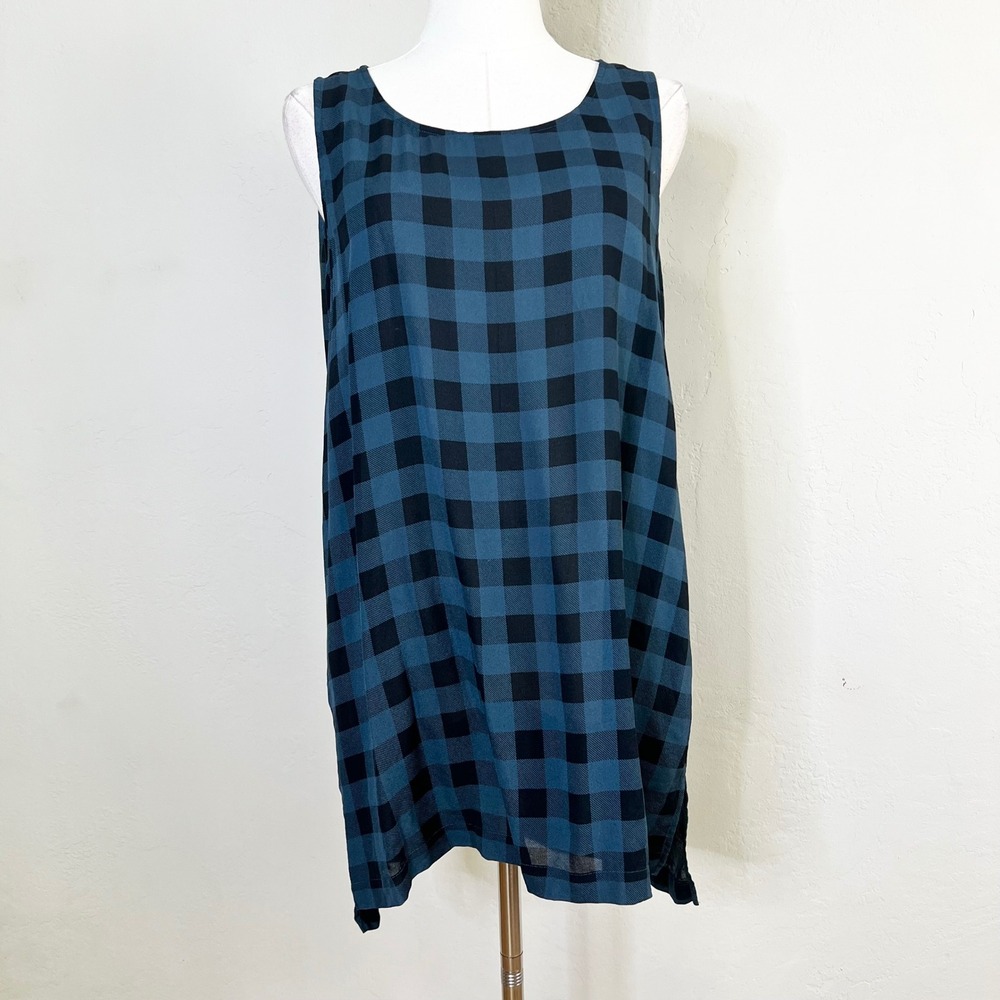 Eileen Fisher Tunic Tank Top Buffalo Plaid Size PL‎ Blue Black 100% Silk Check